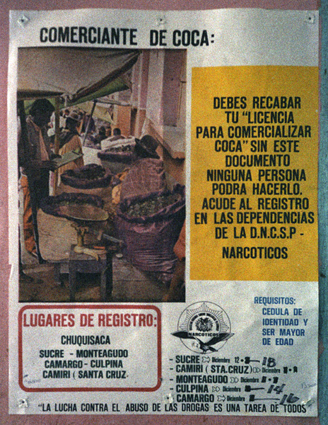 Affiche, rglement municipal concernant la vente de la coca, Tarabuco, Bolivie