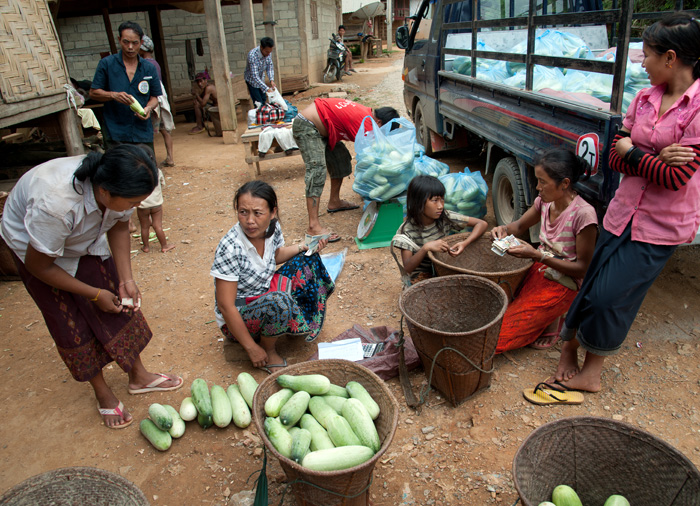 Acheteuse de concombres dans un village Khmer, Laos